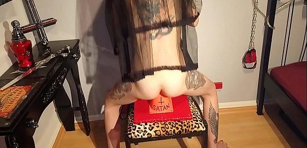  Pervert gothic slave girl fucks her ass fo satan with crucifix and traffic cone